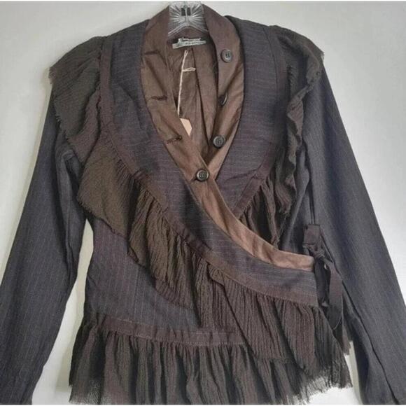 NWT Rinascimento Brown Asymmetrical Ruffle Long Sleeve Jacket Medium - Picture 2 of 11